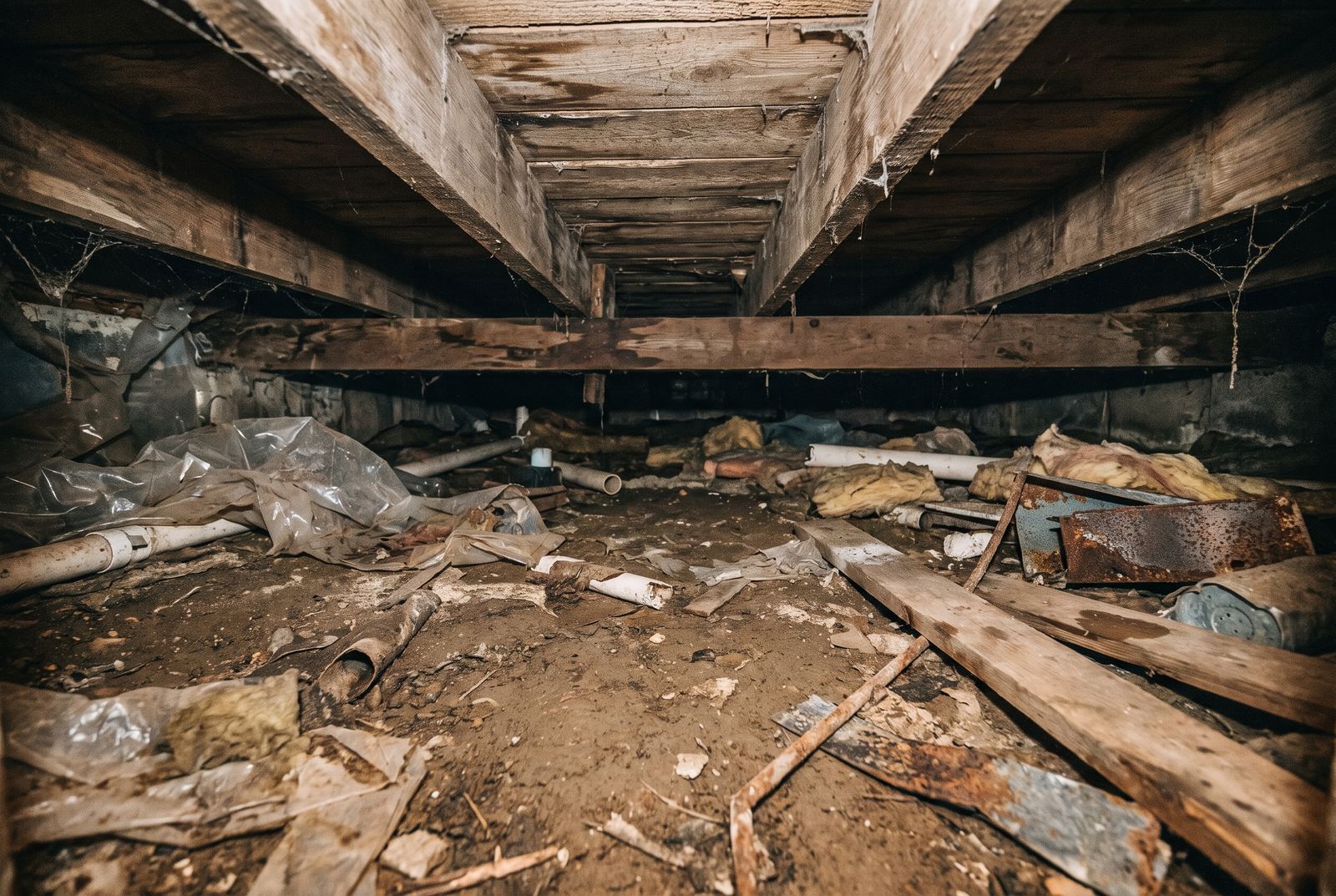 Dirt-floor crawl space before encapsulation