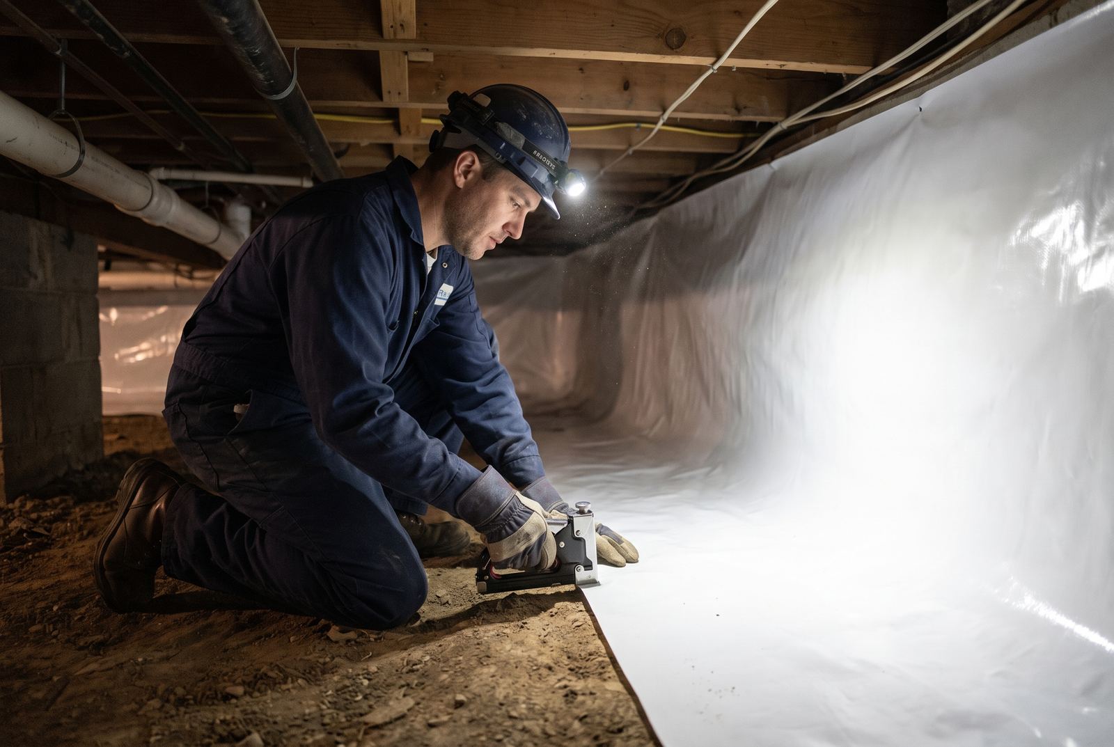 Technician installing vapor barrier